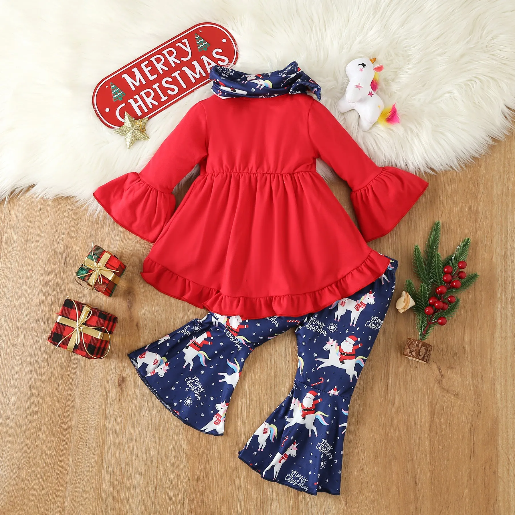 2 Pieces Set Baby Kid Girls Christmas Solid Color Print Tops And Cartoon Pants Wholesale 23101542