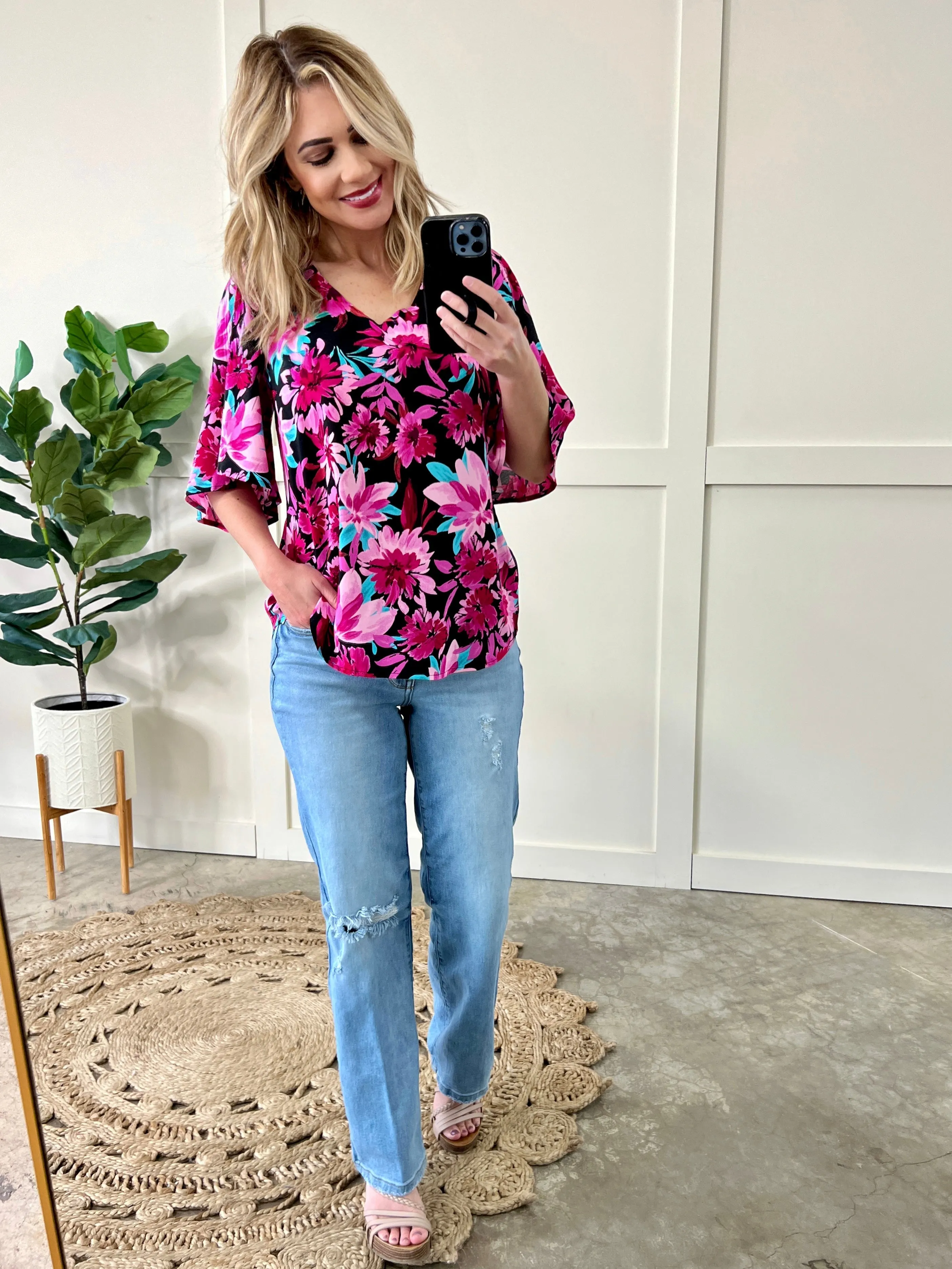 Black & Magenta Floral Angel Sleeve Blouse