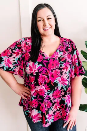 Black & Magenta Floral Angel Sleeve Blouse