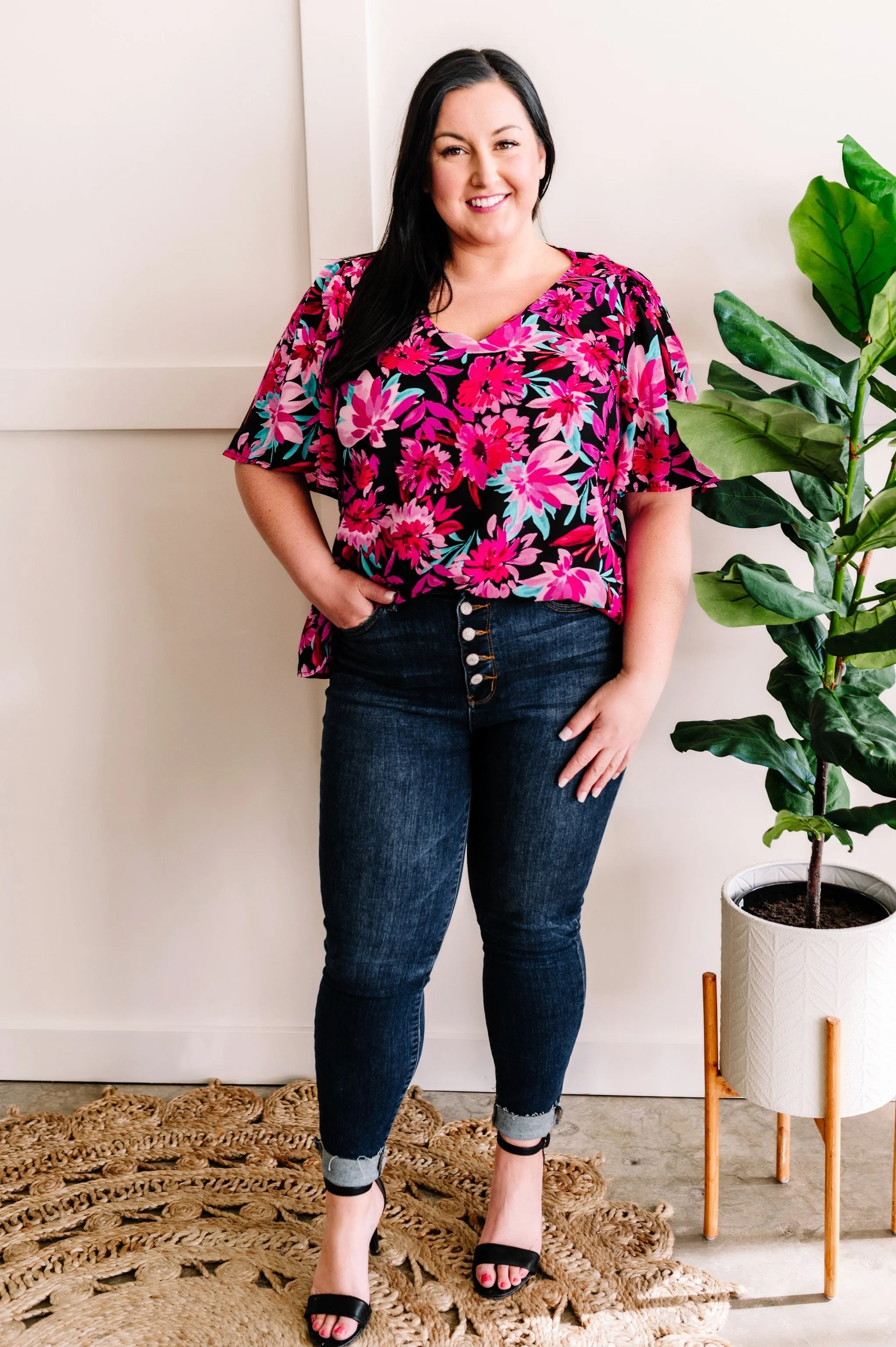 Black & Magenta Floral Angel Sleeve Blouse