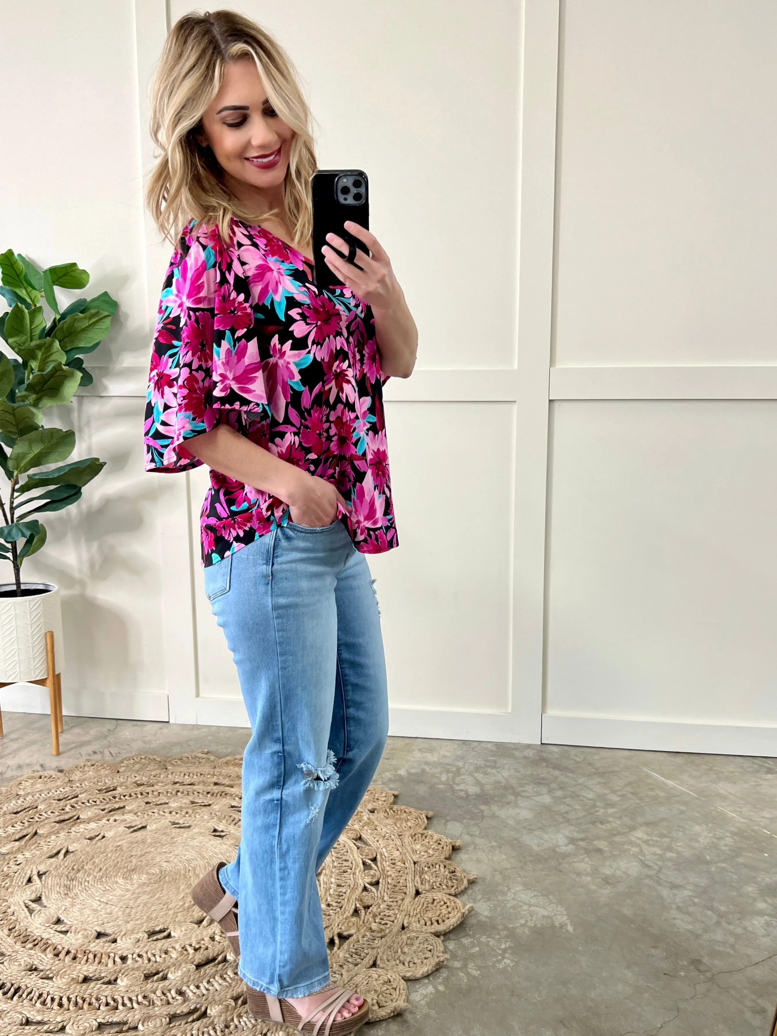 Black & Magenta Floral Angel Sleeve Blouse