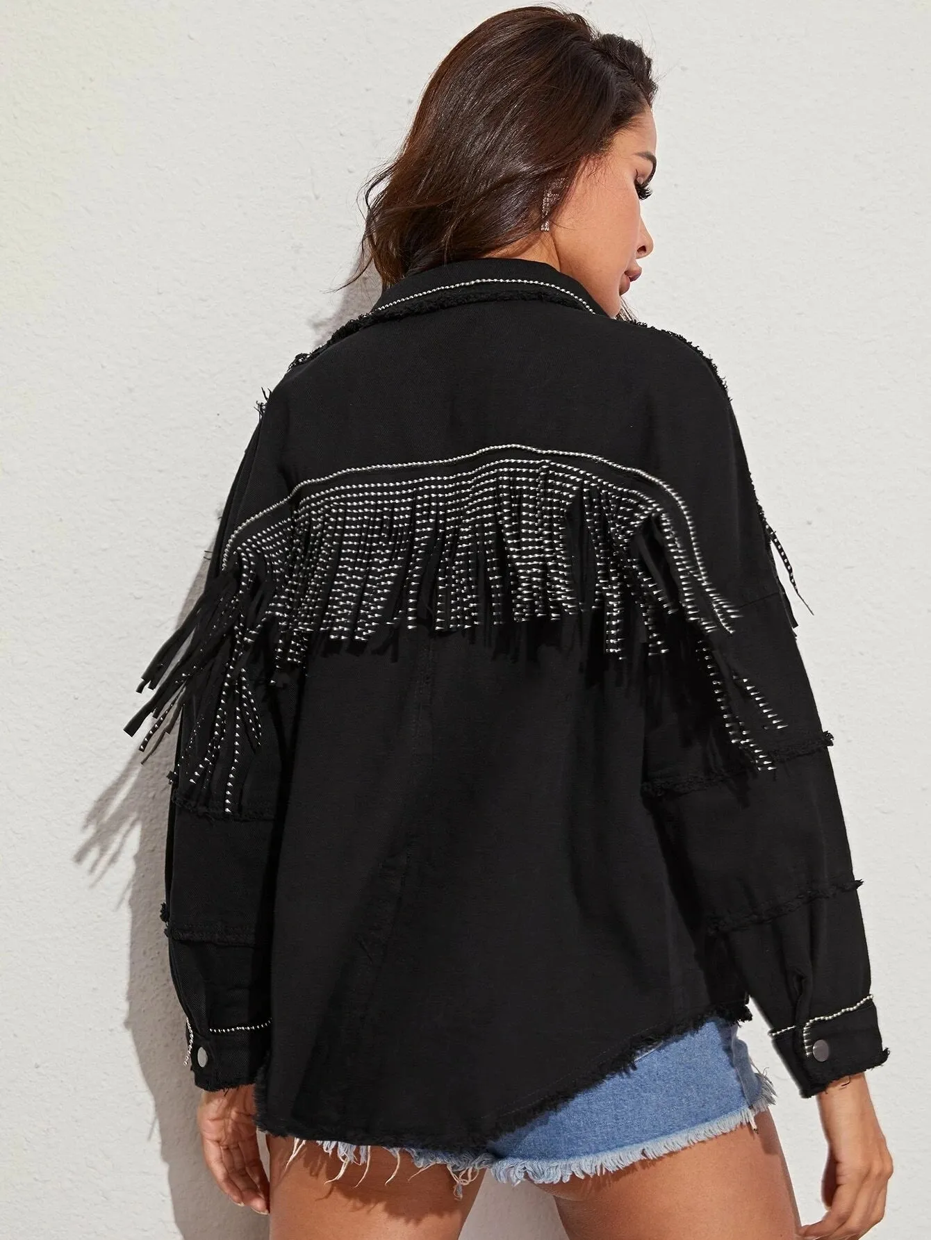 Black Denim Jacket with Studded Fringe