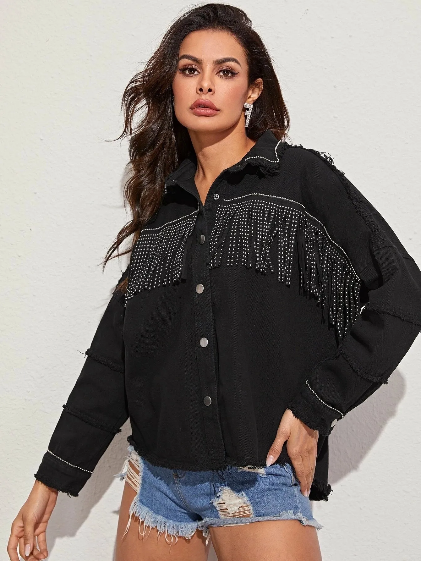 Black Denim Jacket with Studded Fringe