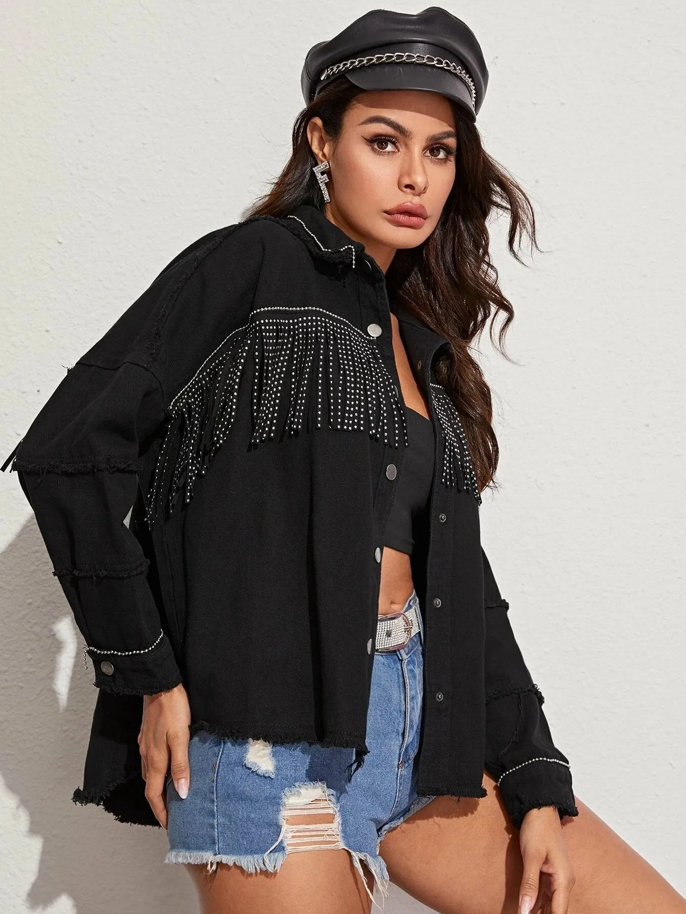 Black Denim Jacket with Studded Fringe