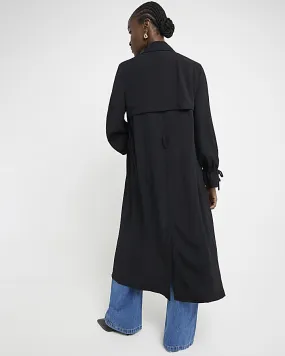 Black tie cuff belted duster coat