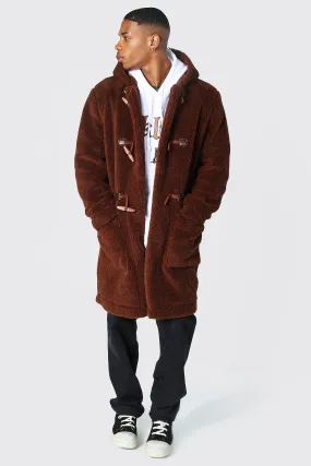 Borg Hooded Duffle Coat | boohooMAN UK