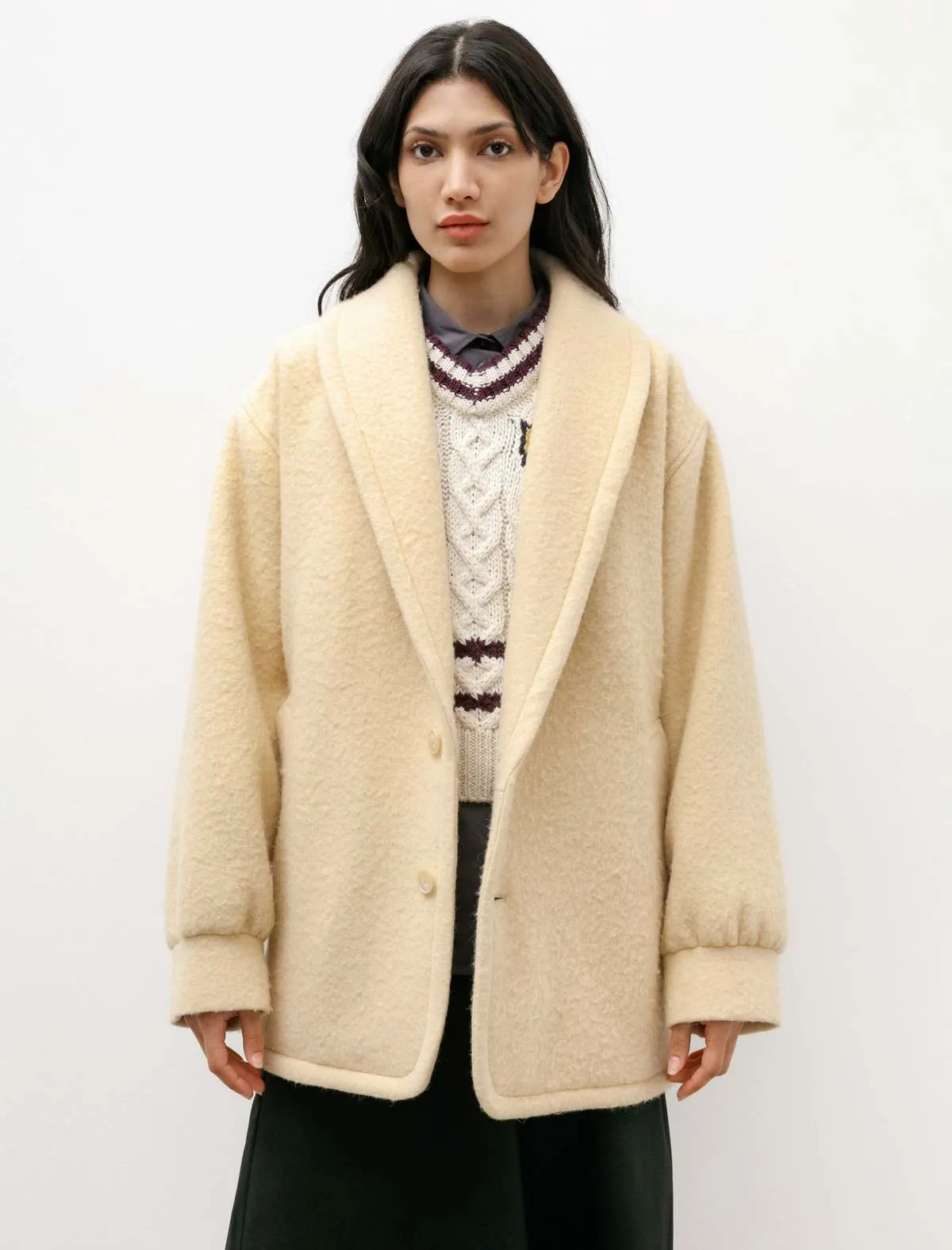 Brushed Alpaca Wool Melton Half Coat - Beige