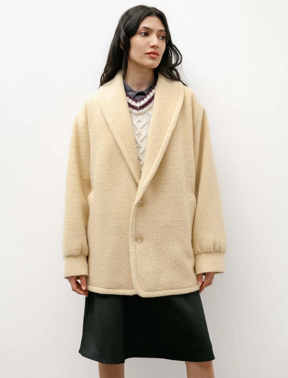 Brushed Alpaca Wool Melton Half Coat - Beige