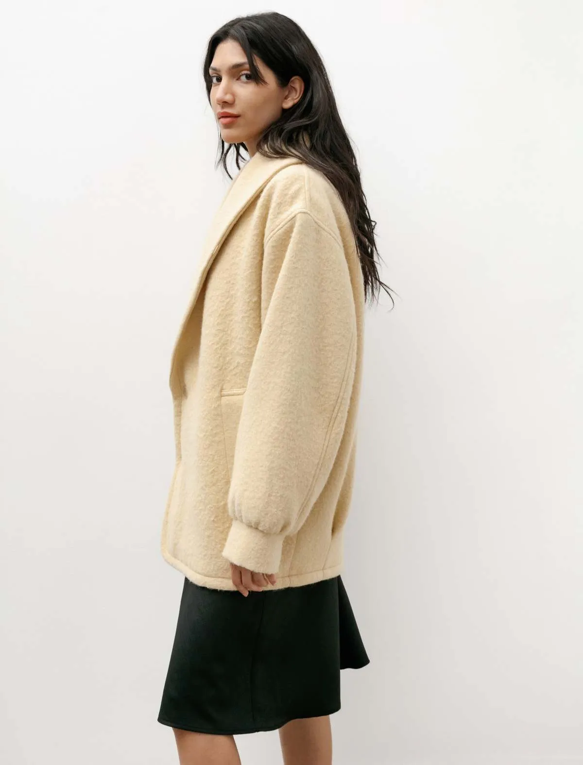 Brushed Alpaca Wool Melton Half Coat - Beige