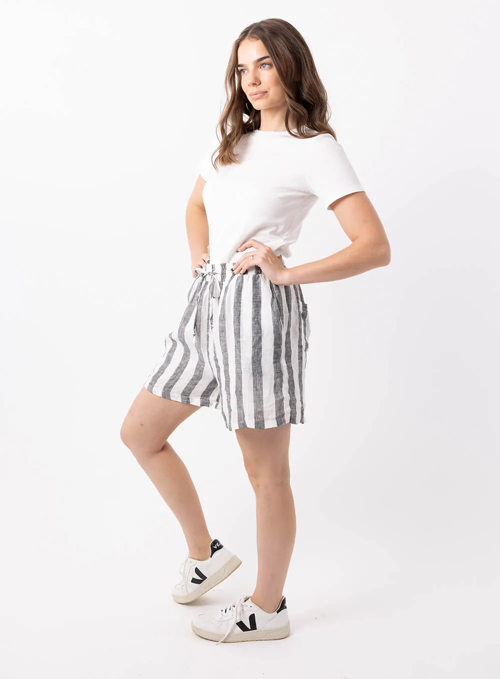 Charlie Stripe Linen Short-Black