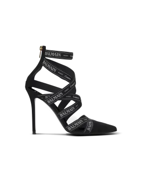 Couture suede heels with Balmain ribbon motif