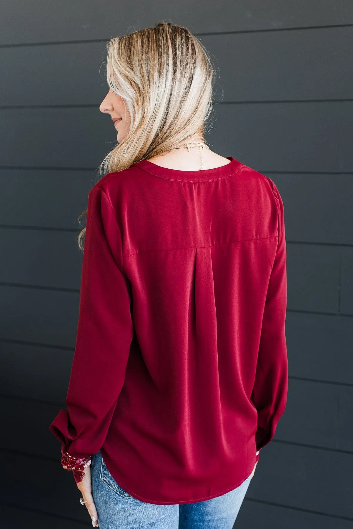 Easily Enchanted V-Neck Blouse- Wine