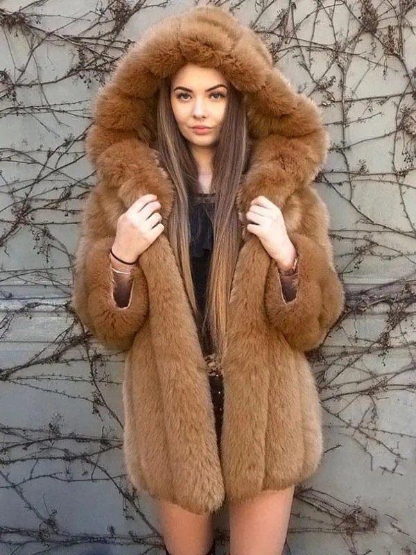 Faux Fur Coat With Hood Winter 2024 Midi Eco-friendly Fur Coat For Women