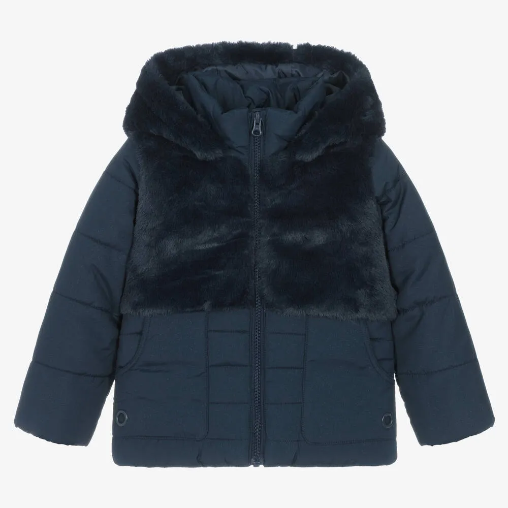 Girls Blue Faux Fur Puffer Coat