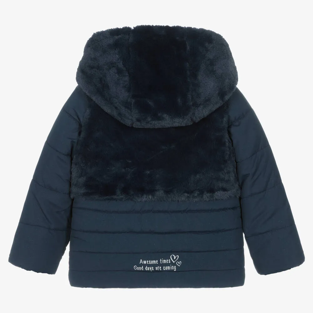 Girls Blue Faux Fur Puffer Coat