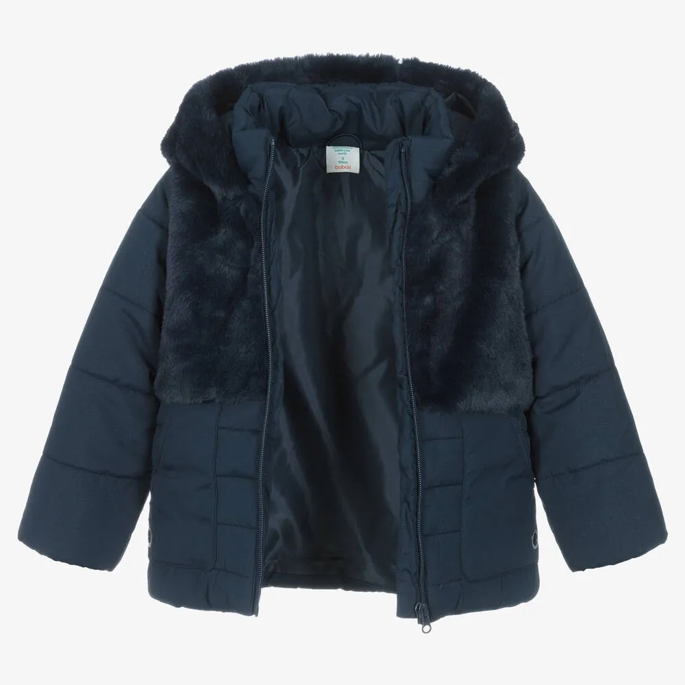 Girls Blue Faux Fur Puffer Coat