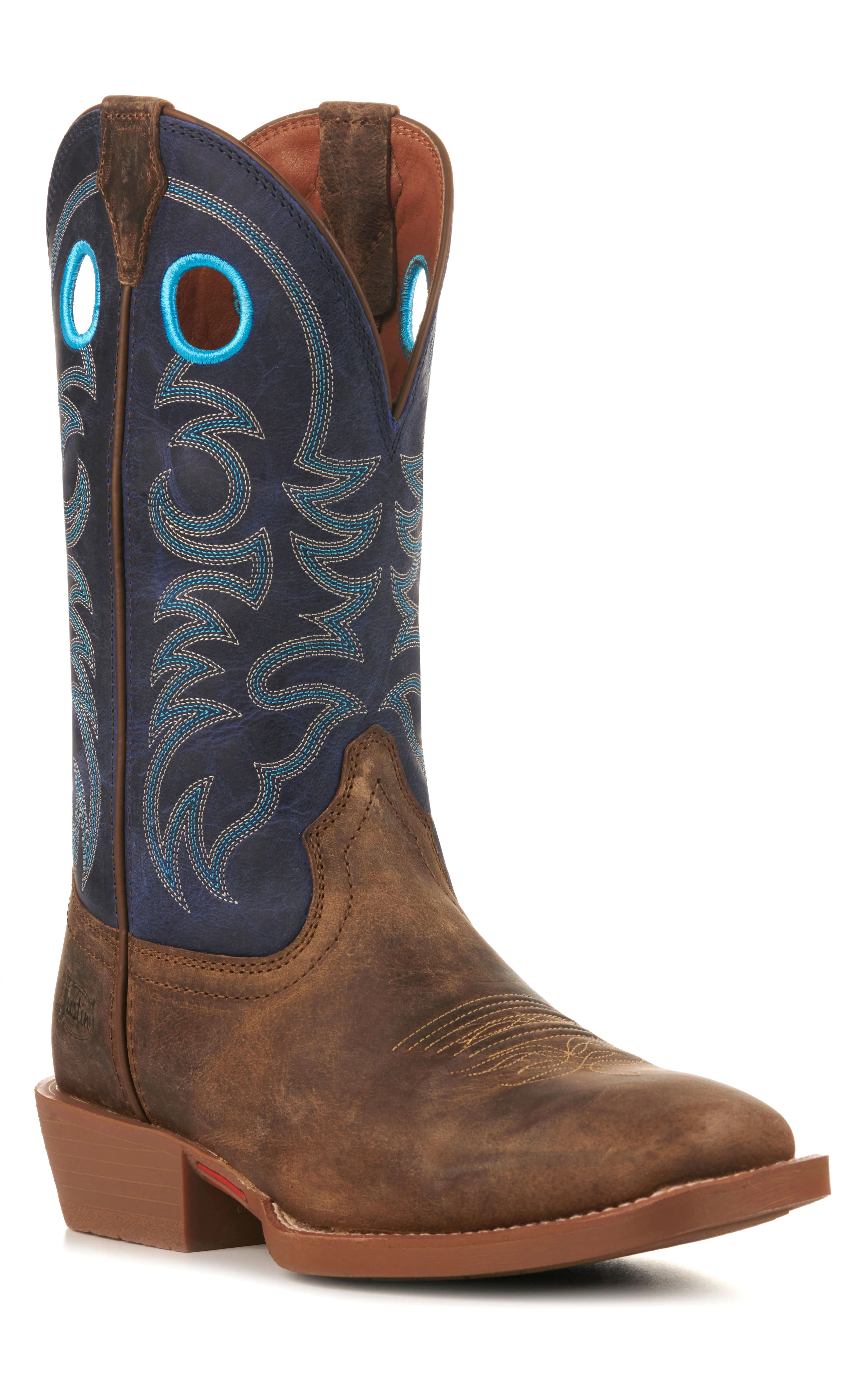 Justin Men's Stampede Distressed Clay Brown and Blue Wide Square Toe Cowboy Boots