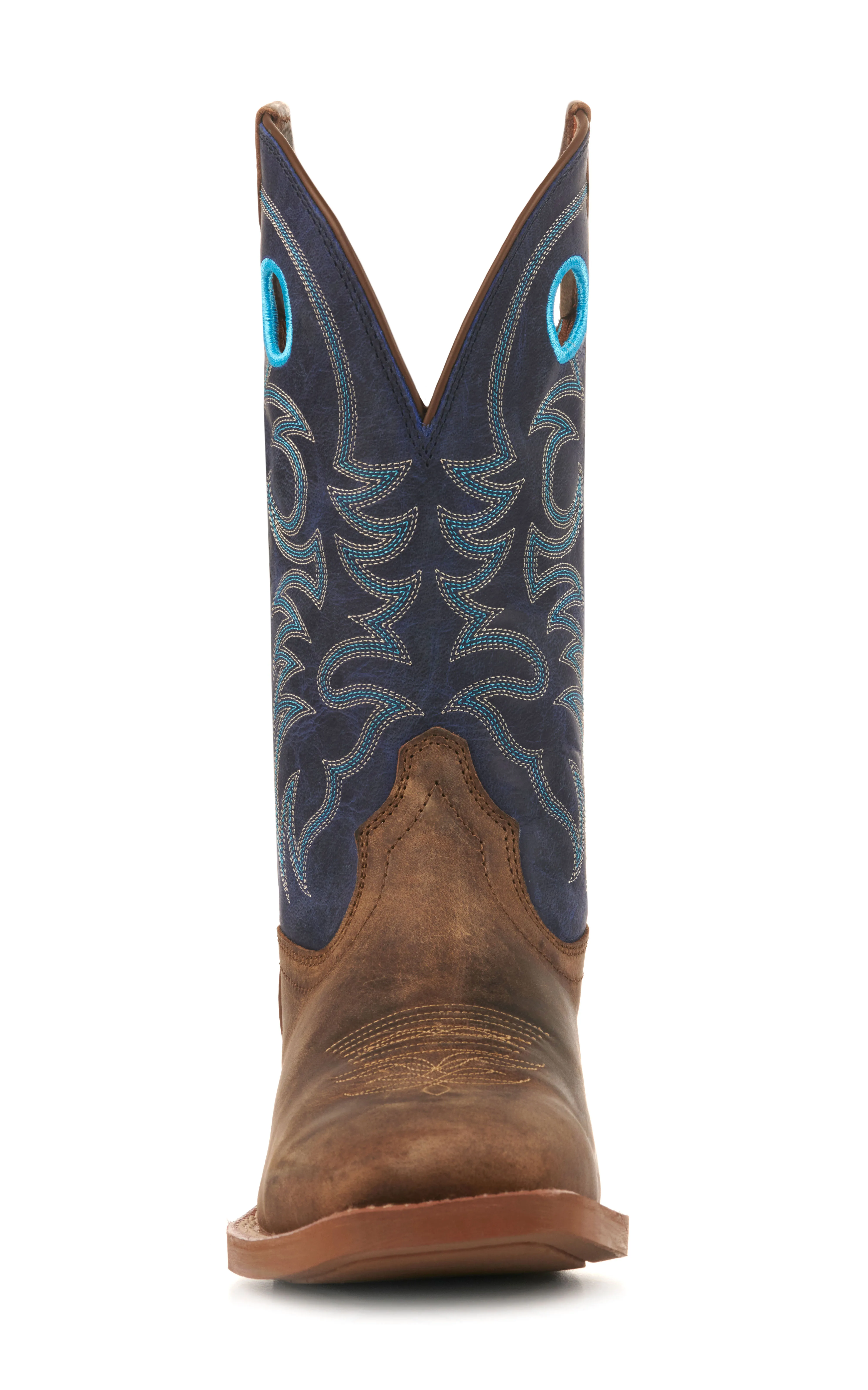 Justin Men's Stampede Distressed Clay Brown and Blue Wide Square Toe Cowboy Boots