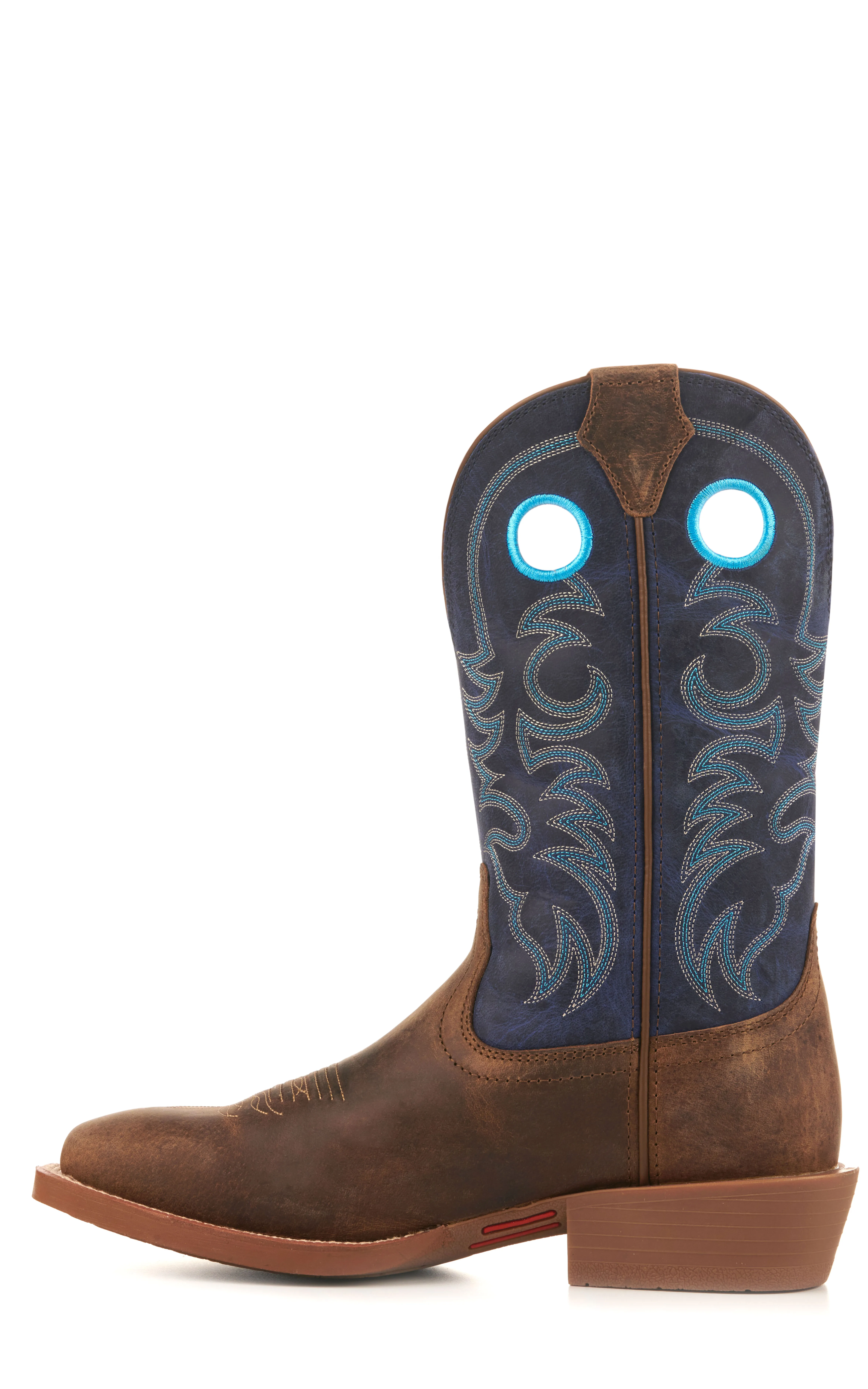 Justin Men's Stampede Distressed Clay Brown and Blue Wide Square Toe Cowboy Boots