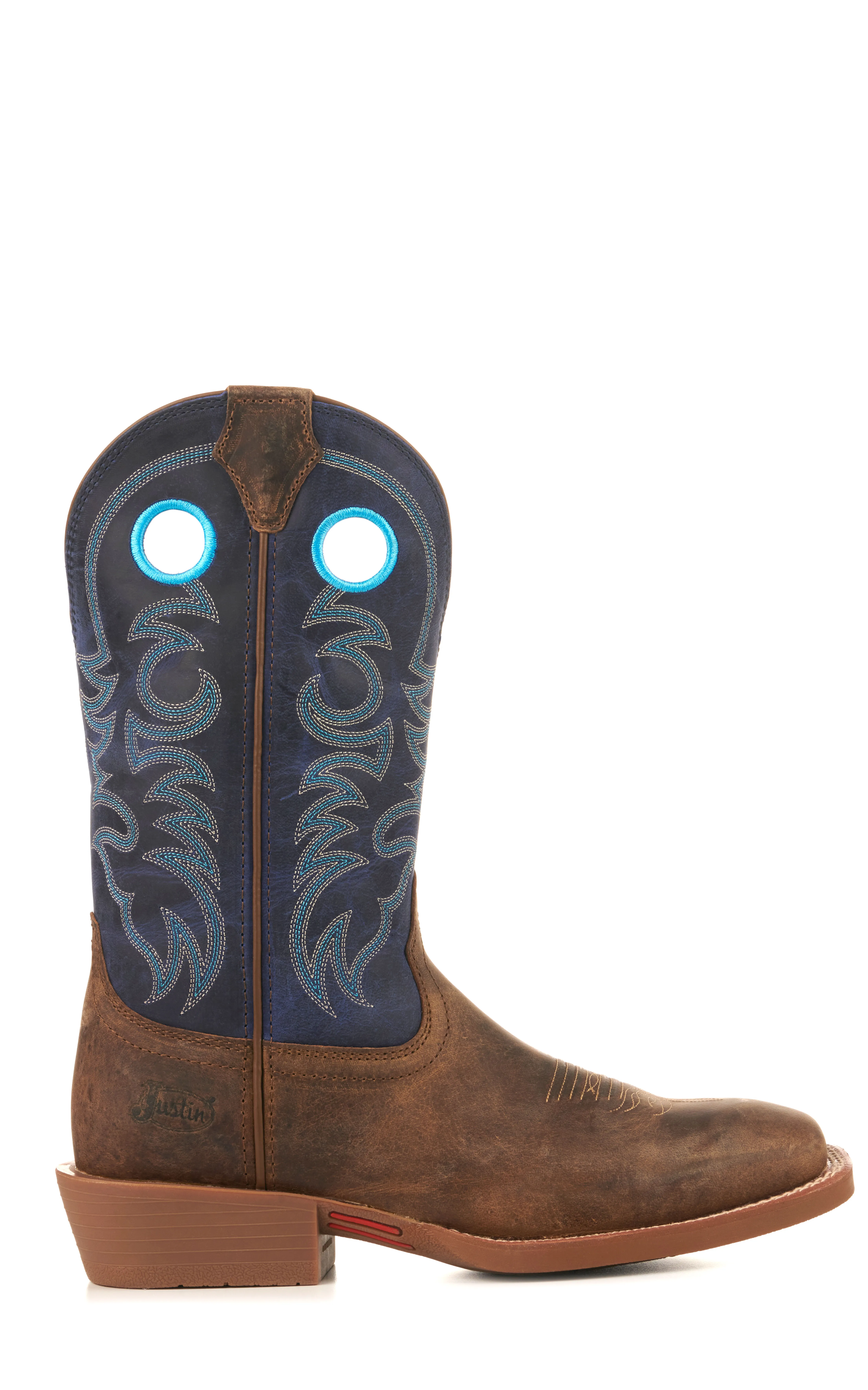 Justin Men's Stampede Distressed Clay Brown and Blue Wide Square Toe Cowboy Boots