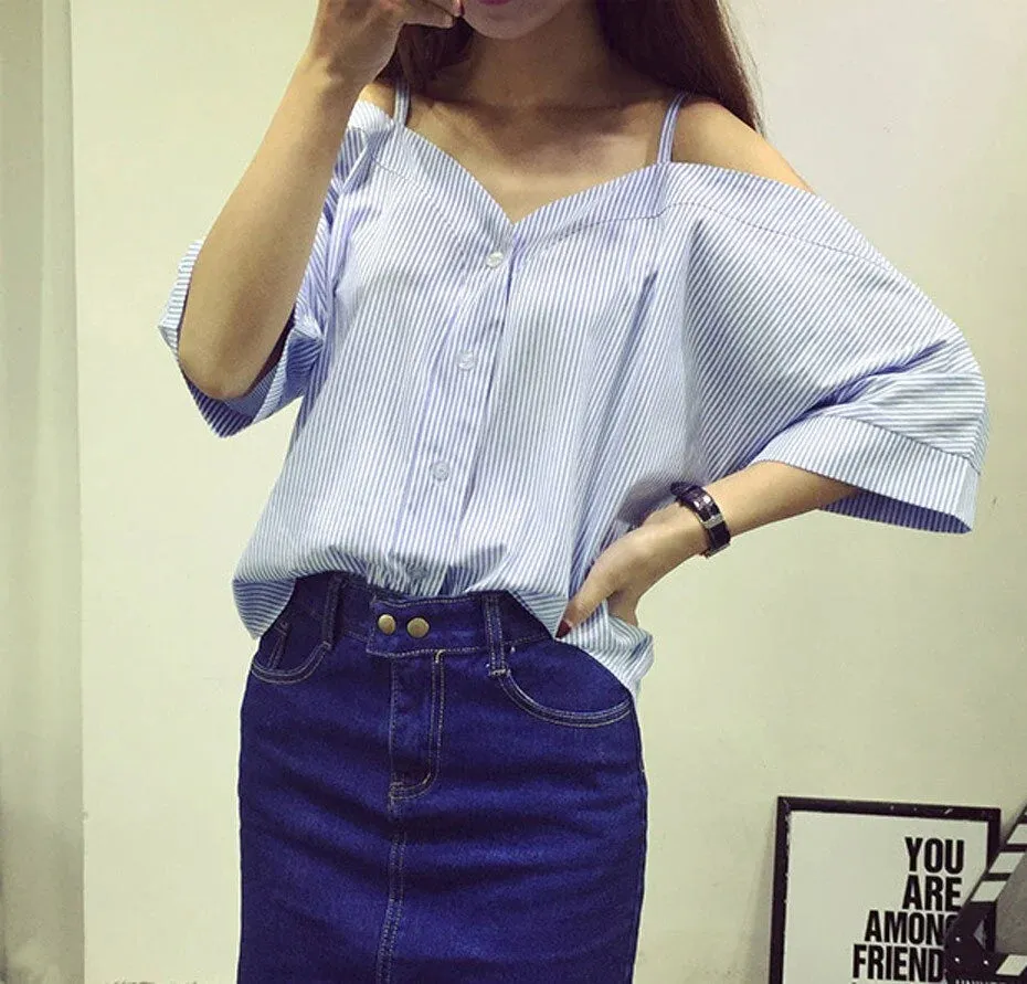 Korean Style Sweet Off Shoulder Women’s Striped Slash Neck Summer Blouse