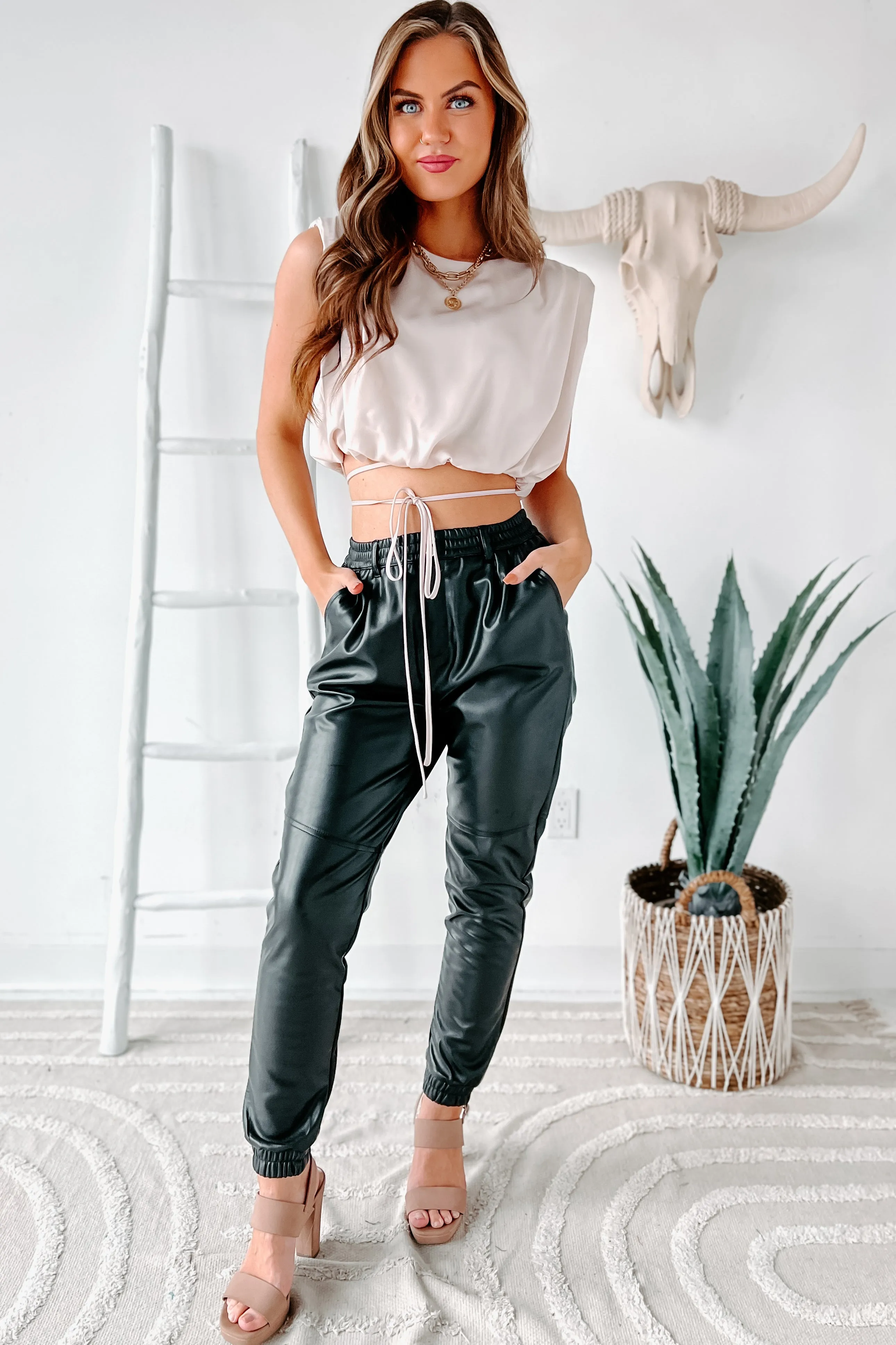 Little Charmer Padded Shoulder Tie Waist Crop Top (Beige)