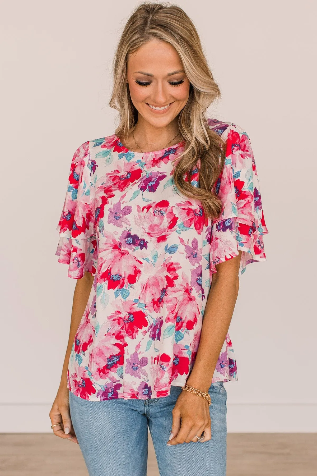 Love You Most Floral Blouse- Ivory, Fuchsia, & Purple