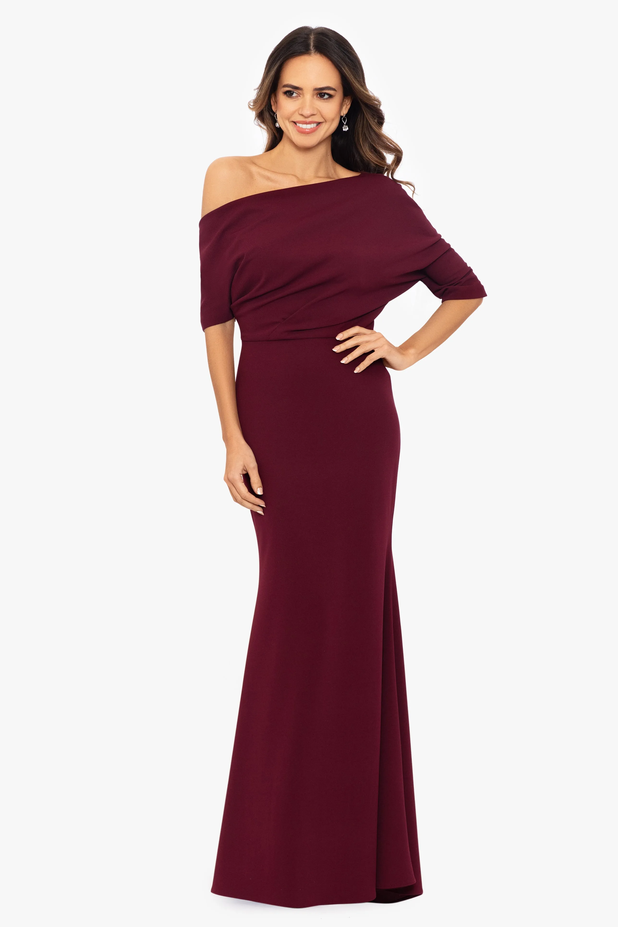 Madeline Long Scuba Crepe Off the Shoulder Drop Dress