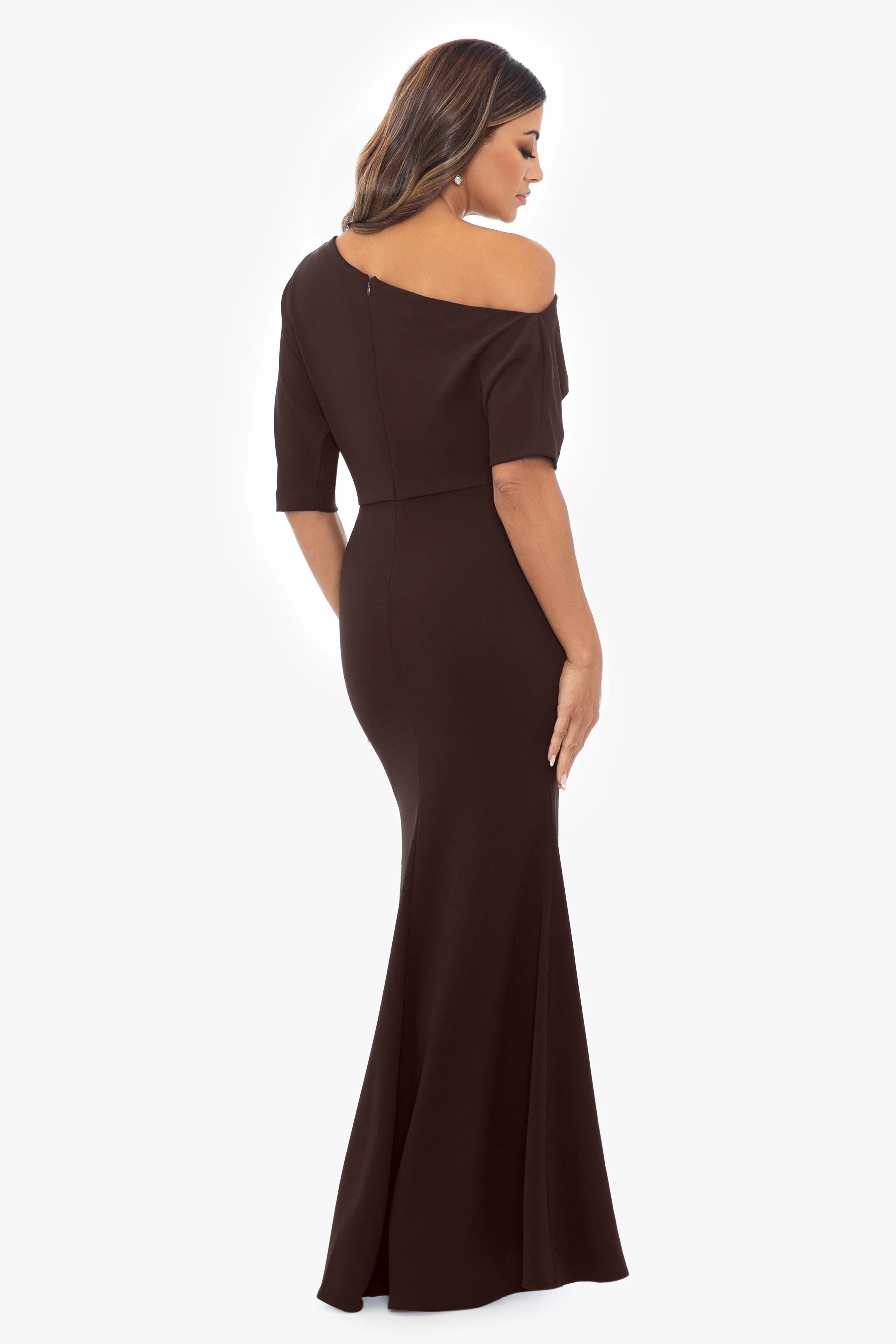 Madeline Long Scuba Crepe Off the Shoulder Drop Dress