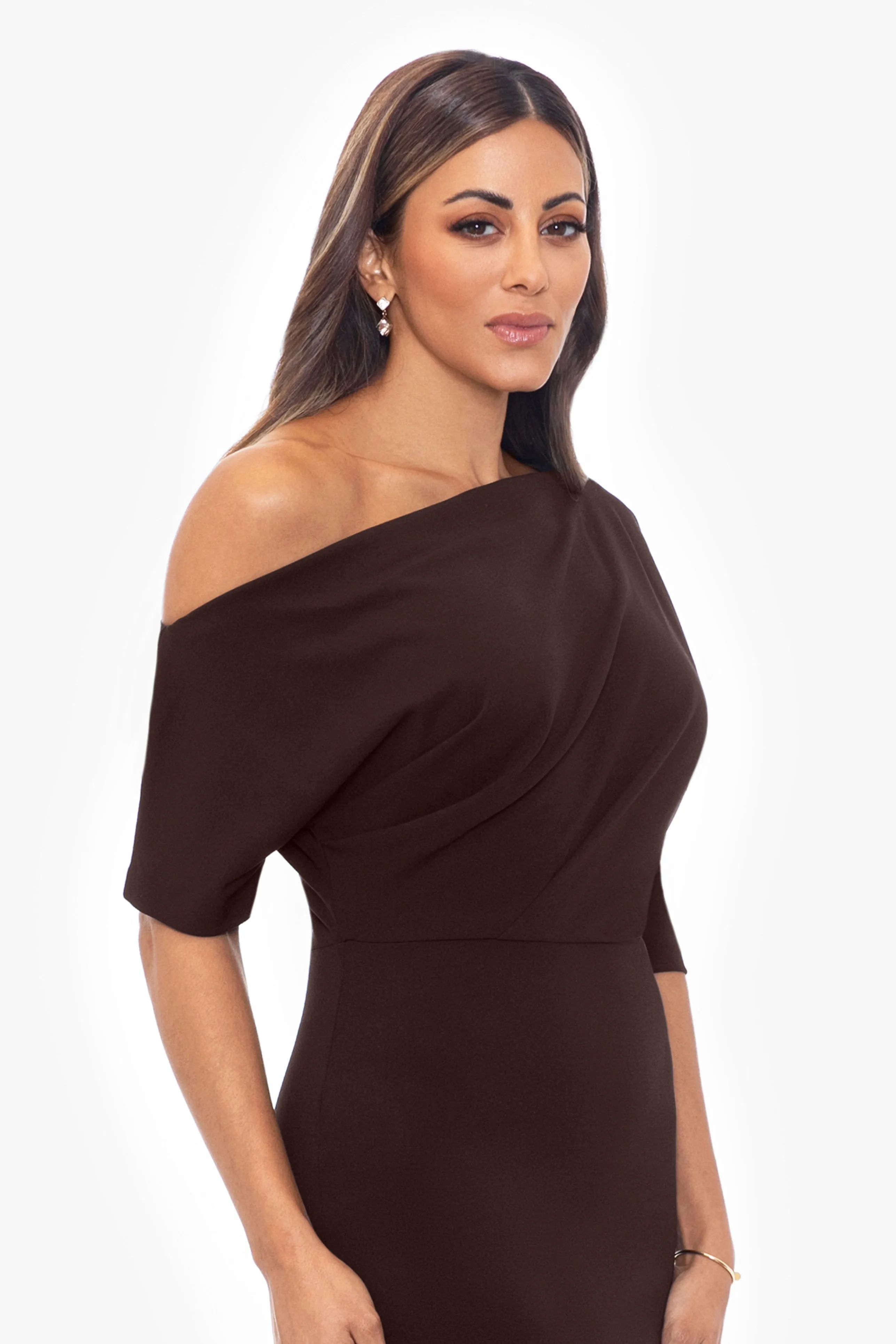 Madeline Long Scuba Crepe Off the Shoulder Drop Dress