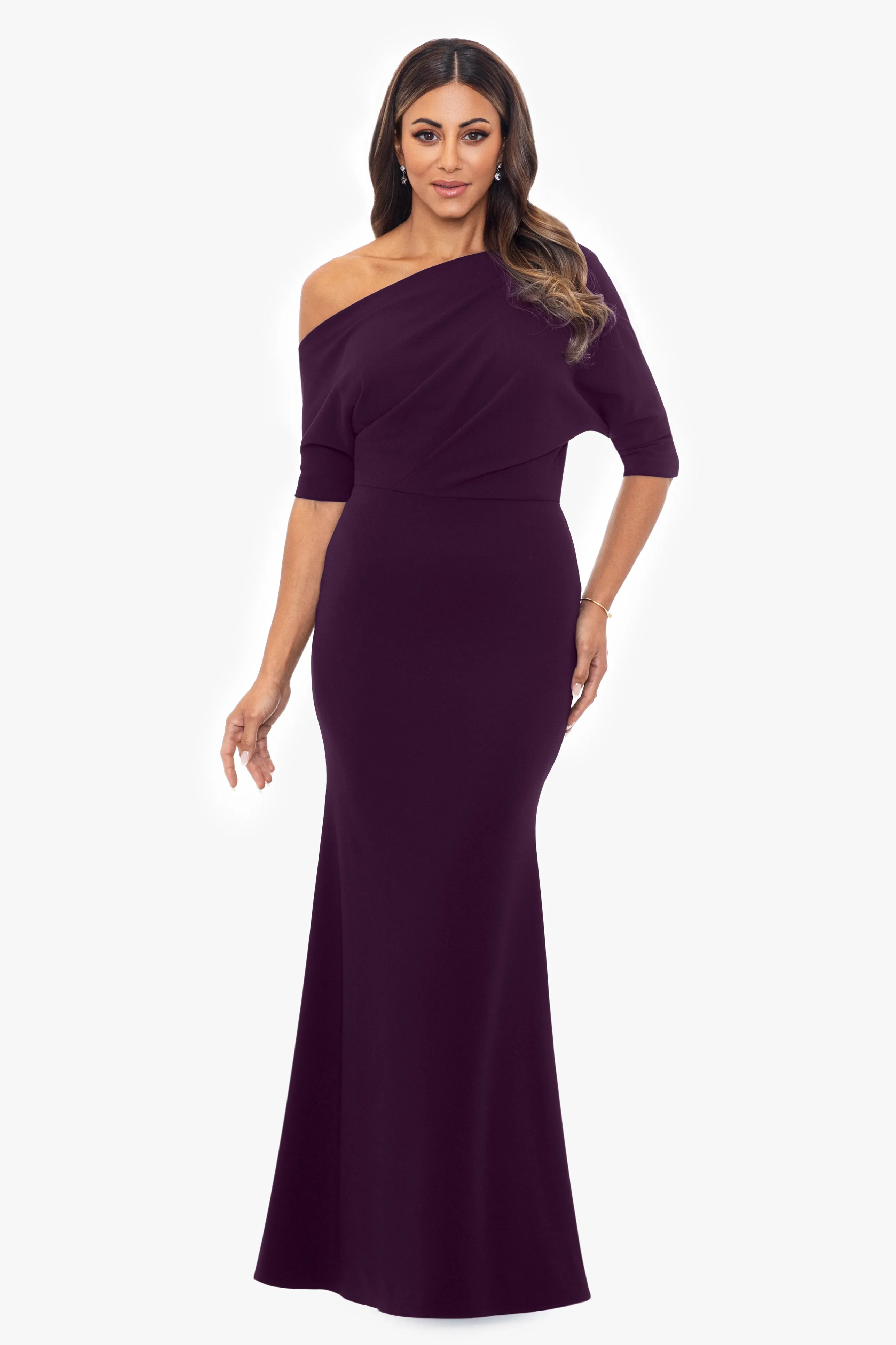 Madeline Long Scuba Crepe Off the Shoulder Drop Dress