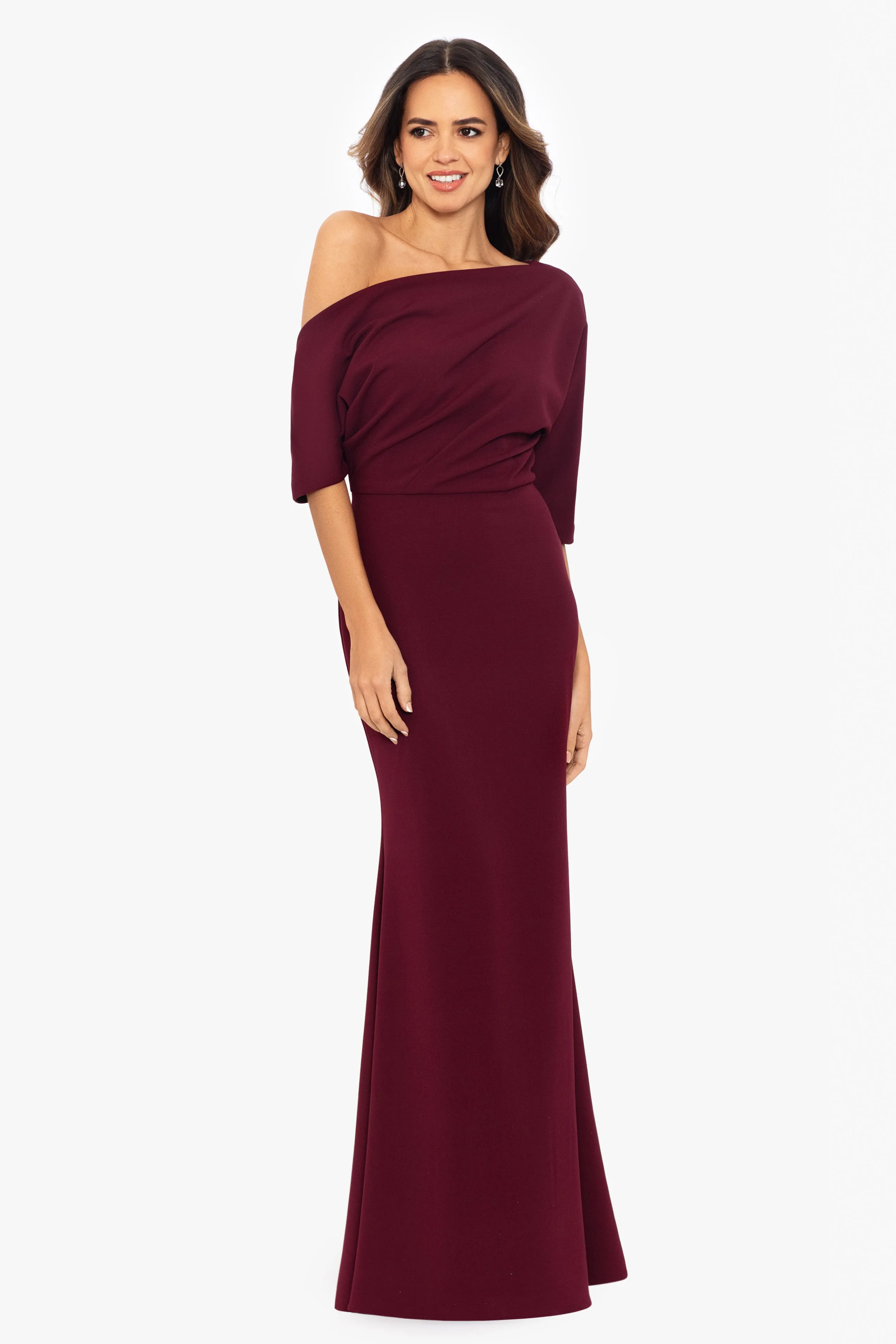 Madeline Long Scuba Crepe Off the Shoulder Drop Dress