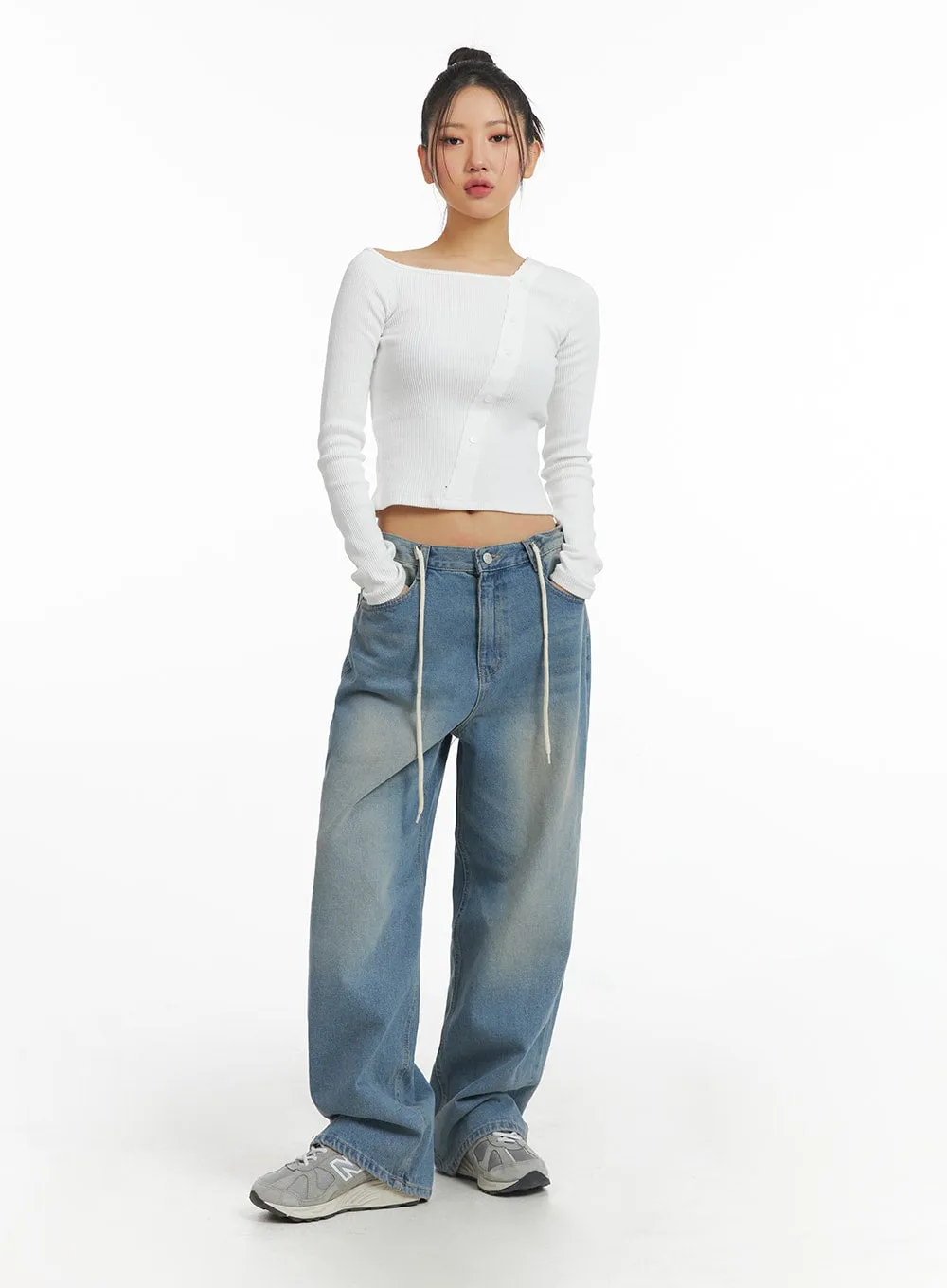 Mid Waist Wide Leg Drawstring Jeans CJ429