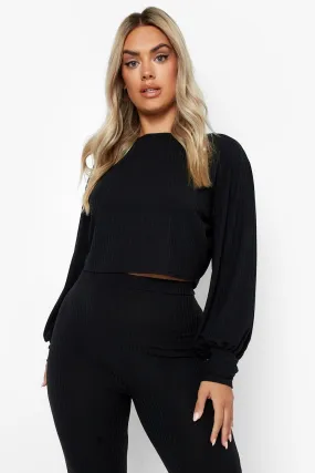 Plus Balloon Sleeve Slash Neck Loungewear Set