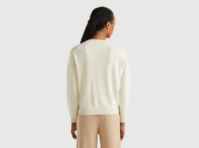 Relaxed fit pure Merino wool sweater - Creamy White | Benetton