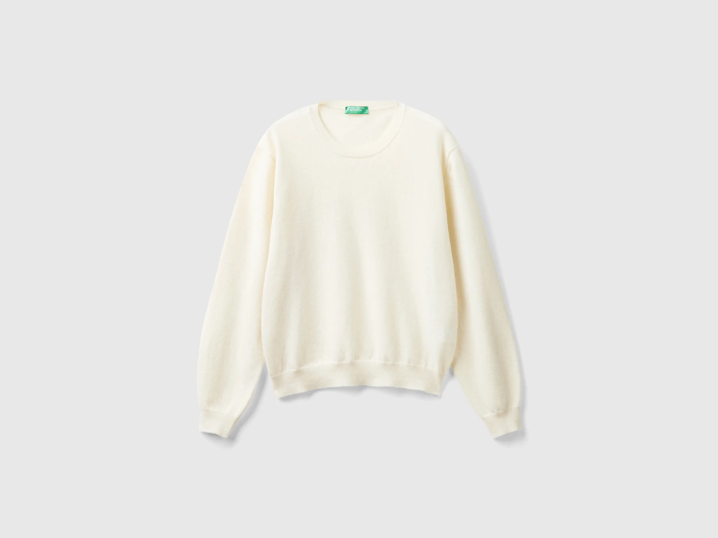 Relaxed fit pure Merino wool sweater - Creamy White | Benetton