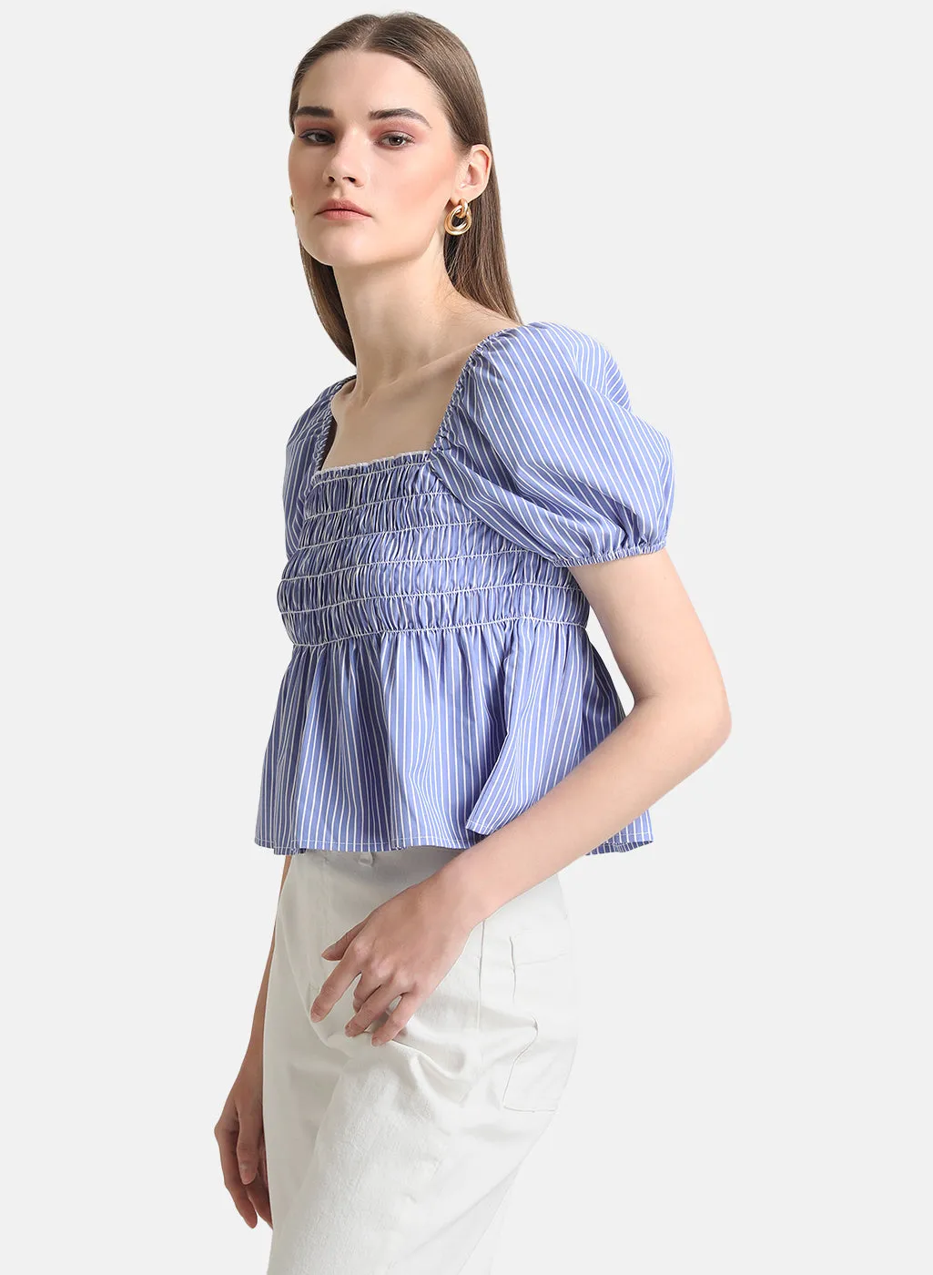 Square Neck Crop Top With Puff Sleeves & Smocking Detail