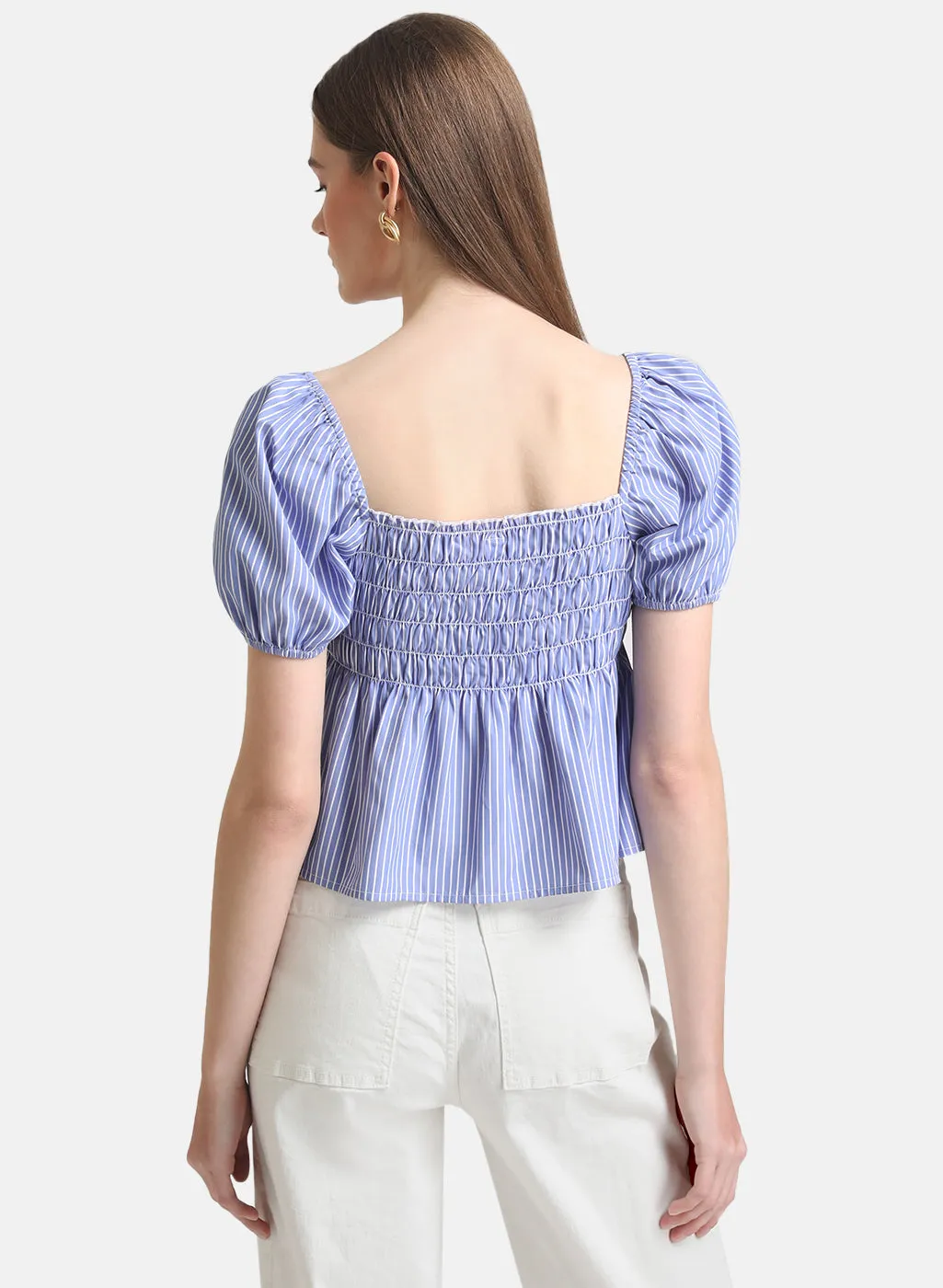 Square Neck Crop Top With Puff Sleeves & Smocking Detail