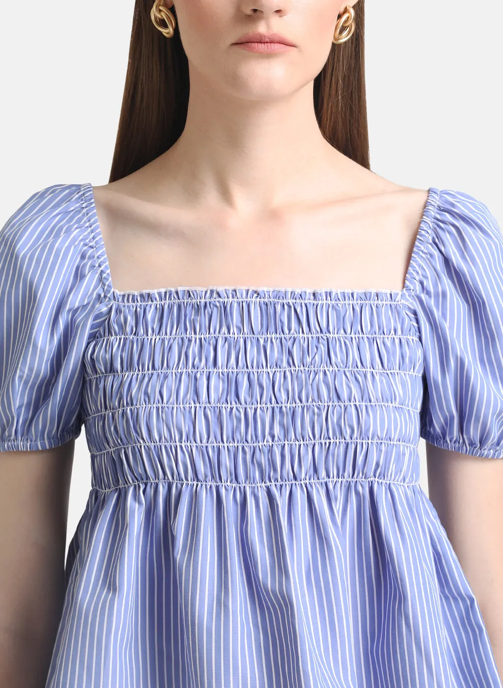 Square Neck Crop Top With Puff Sleeves & Smocking Detail