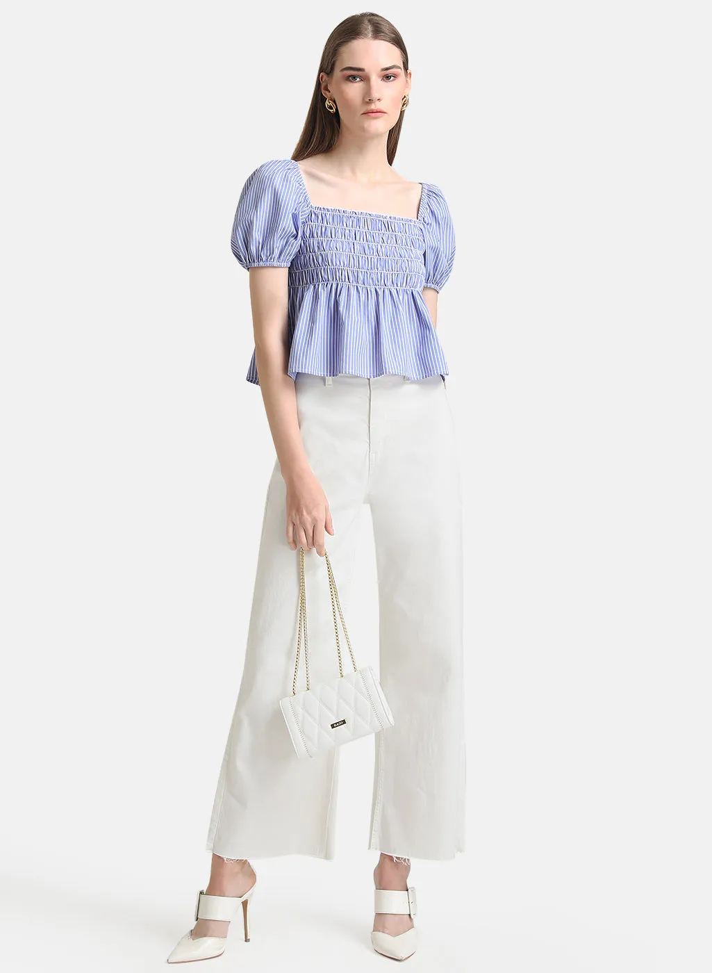 Square Neck Crop Top With Puff Sleeves & Smocking Detail