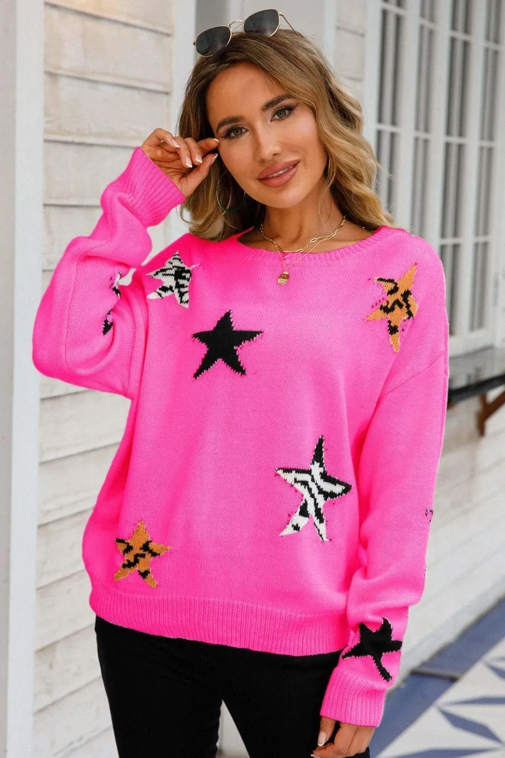 Star Pattern Dropped Shoulder Sweater