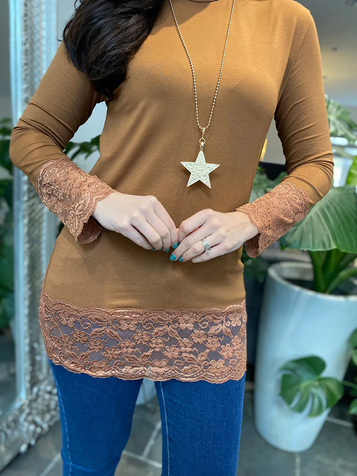 Tan Lace Trim Long Sleeve Top Ruth