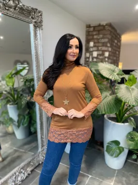 Tan Lace Trim Long Sleeve Top Ruth