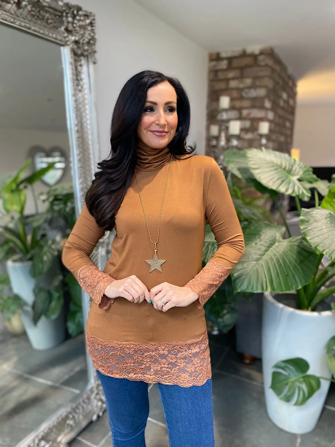 Tan Lace Trim Long Sleeve Top Ruth