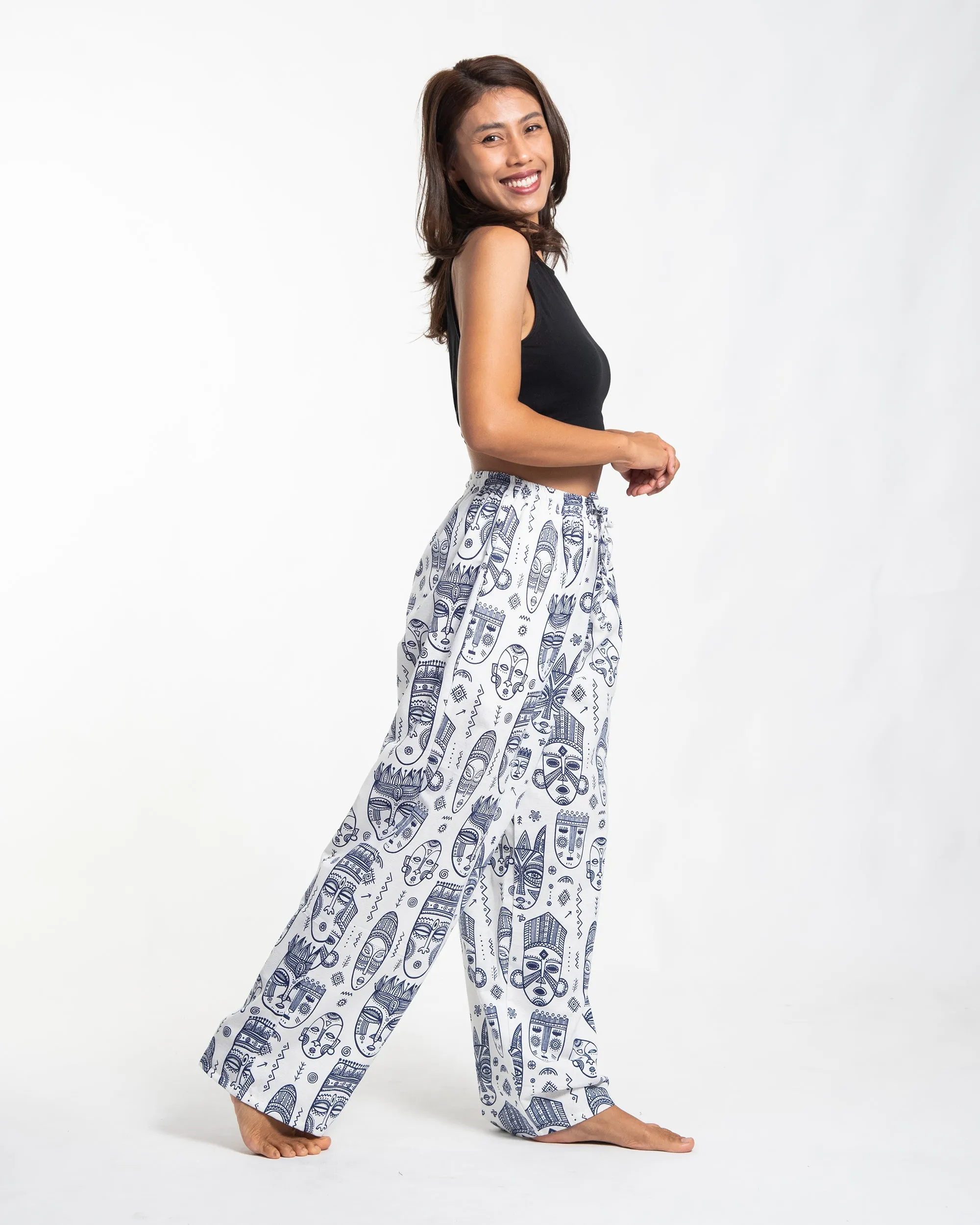 Tribal Mask Print Women Cotton Pants in White