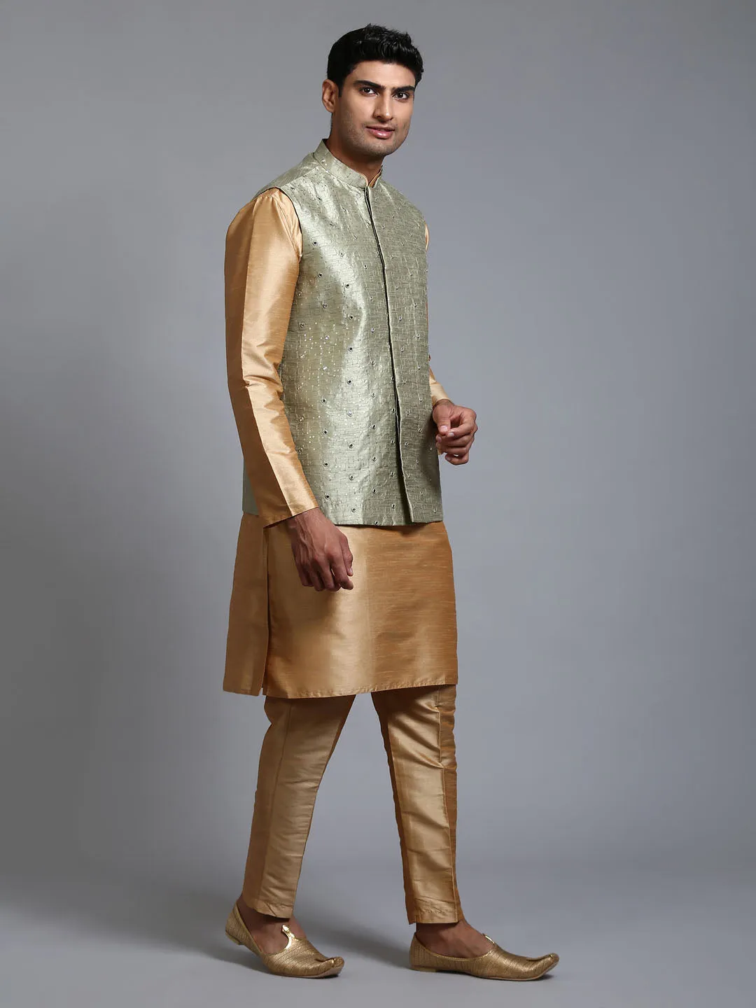 VM BY VASTRAMAY Men's Mehndi Green Embellished Jacket with Rose Gold Kurta Pant Set