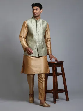 VM BY VASTRAMAY Men's Mehndi Green Embellished Jacket with Rose Gold Kurta Pant Set