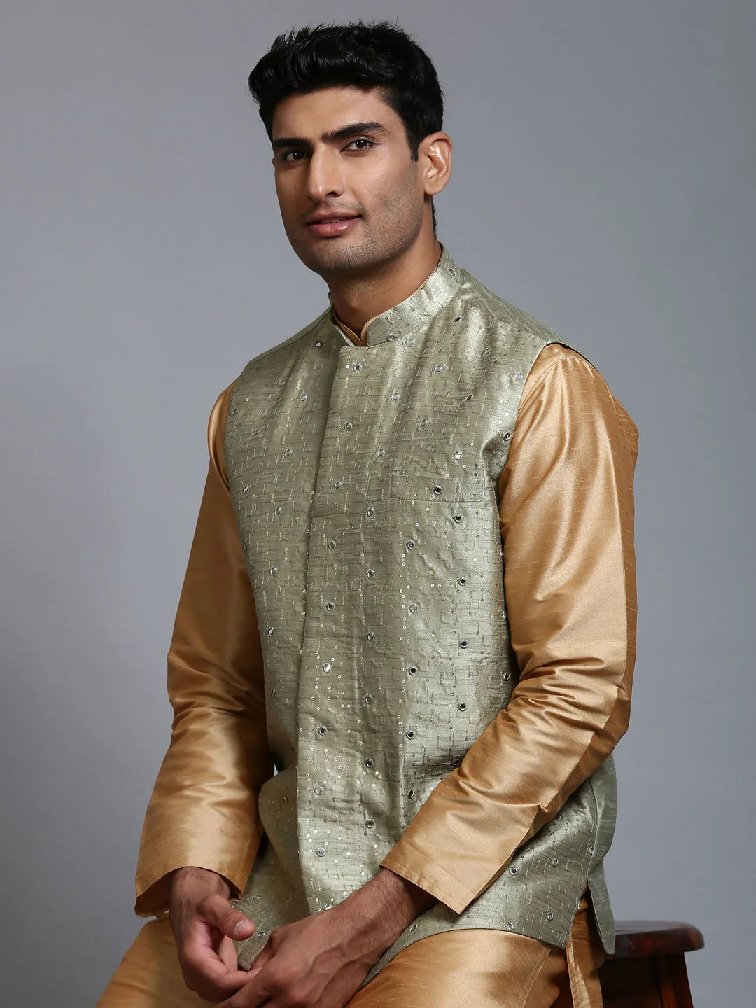 VM BY VASTRAMAY Men's Mehndi Green Embellished Jacket with Rose Gold Kurta Pant Set