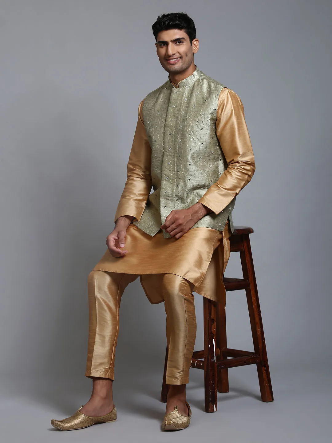 VM BY VASTRAMAY Men's Mehndi Green Embellished Jacket with Rose Gold Kurta Pant Set