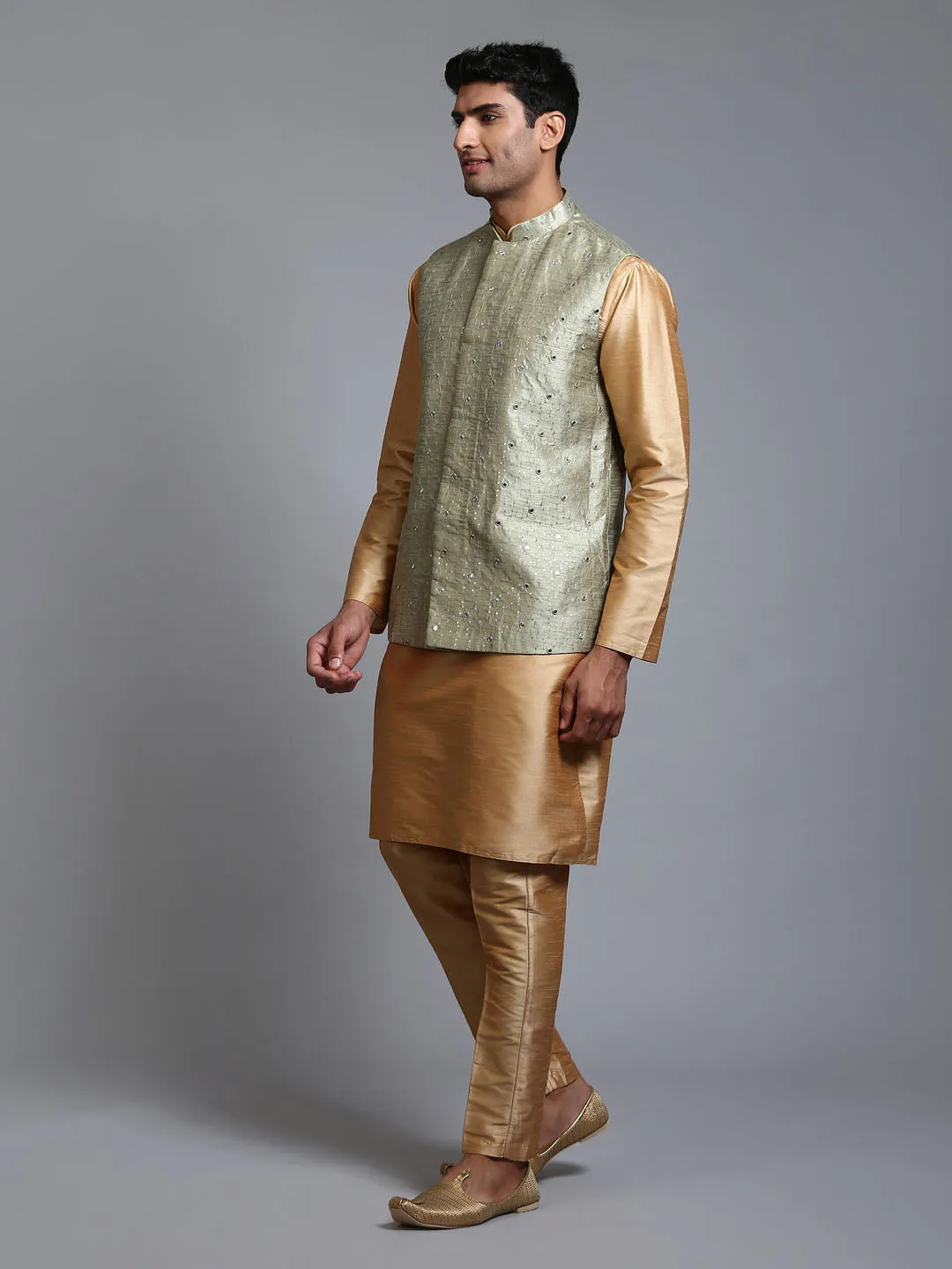 VM BY VASTRAMAY Men's Mehndi Green Embellished Jacket with Rose Gold Kurta Pant Set